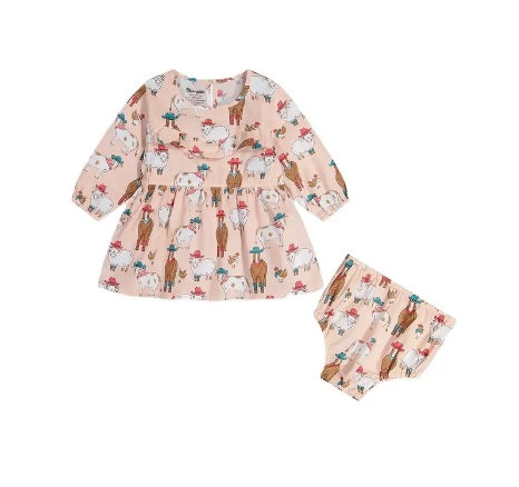 Wrangler Girl's Infant/Toddlers Light Peach Barnyard Animals Western Print Ruffle Front 3/4 Sleeve Dress 112382698