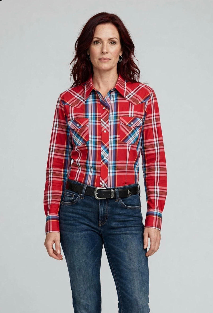 Womens Red Plaid Long Sleeve Snap Western Shirt 1-50-101-3046RE