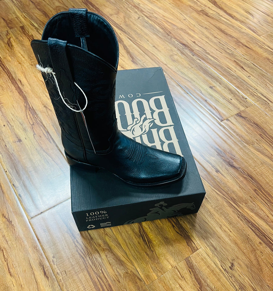 MEN'S BLACK BROWS BOOTS 100% LEATHER WIDE SQUARE TO COWBOY BOOTS