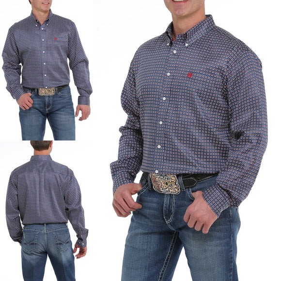 CINCH MENS BLUE, RED AND WHITE GEOMETRIC PRINT BUTTON-DOWN WESTERN SHIRT MTW1104923