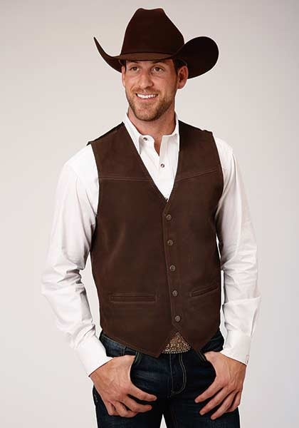 Roper Mens Brown Classic Cow Suede Leather Satin Back Western Vest 02-075-0500-0513 BR - HerraduraDeOro