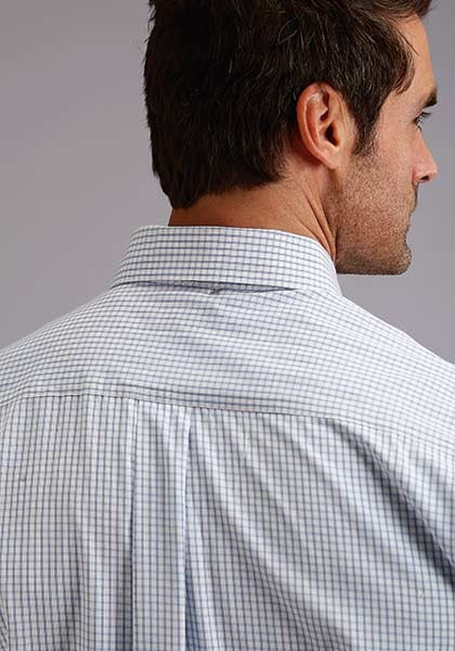 Stetson Mens Blue 100% Cotton L/S 1 Pocket Two Stripe Check Western Shirt  11-001-0579-0036 BU