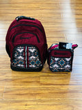 HOOEY "OX" BURGUNDY/BLACK W/MULTI COLOR PATTERN HOOEY BACKPACK & HOOEY Waterproof Liner Mesh Pockets Collapsible Lunch Box with Handle and Strap (Cream/Brown)