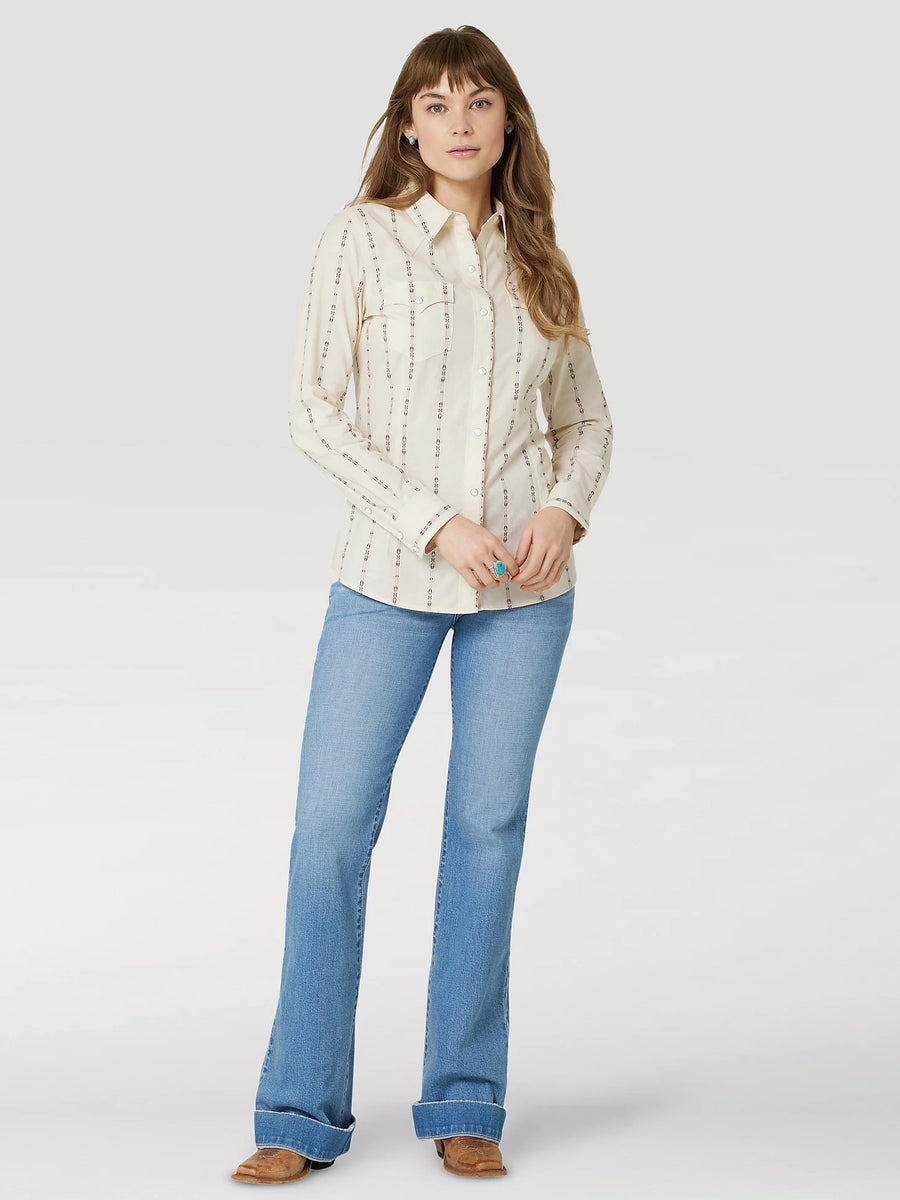 WOMEN'S WRANGLER RETRO® LONG SLEEVE SOUTHWESTERN STRIPE WESTERN SNAP SHIRT IN WHITE STRIPE*FREE SHIPPING* FREE GIFT*