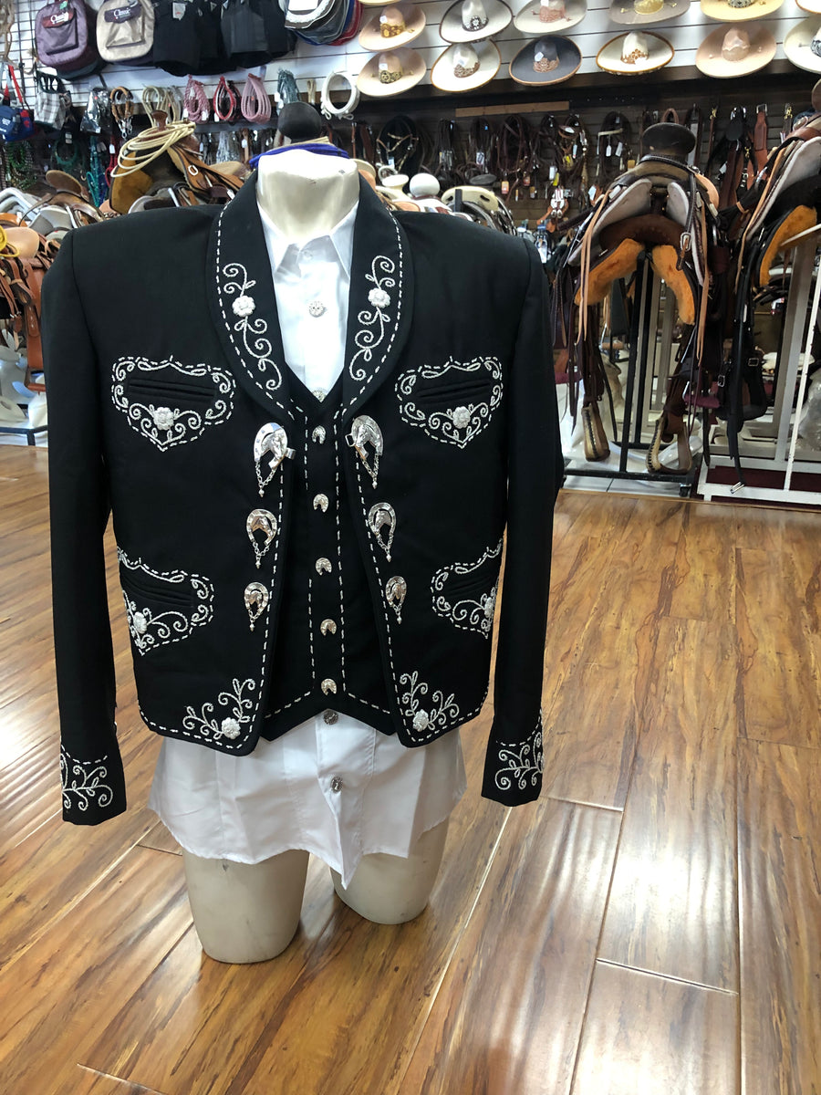 TRAJE DE CHARRO DE ADULTO EN COLOR NEGRO DE GALA CON BORDADO DE