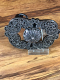 HEBILLA CHARRA FILIGRANA. CHARRO BUCKLE WITH A CONCHO IN THE MIDDLE WITH FILIGRANA WORK