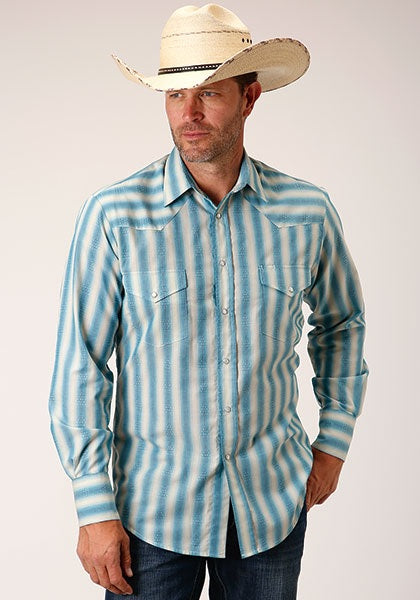 Roper Western Shirt Mens Long Sleeve Ombre Stripe Aqua 01-001-0044-0250 BU