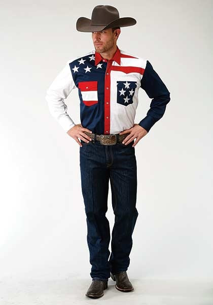 Roper Western Shirt Mens L/S USA Flag Snap Blue 03-001-0185-0304 BU