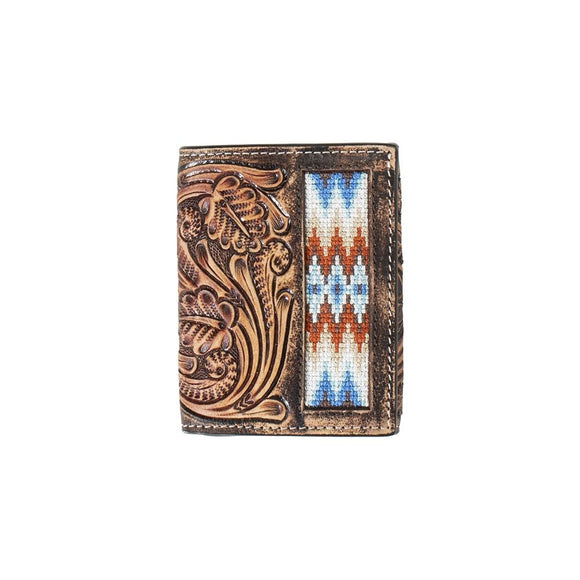 3D Hand Tooled Scroll Trifold Wallet