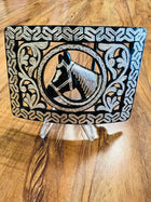 HEBILLA CHARRA DE PAVON CALADA CON INCRUSTACIONES DE PLATA. ELABORADA DE ARTESANIA.