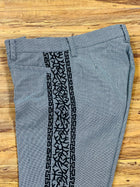 PANTALONES DE CHARRO CON GRECA. AUTHENTIC CHARRO PANTS THAT ARE GRAY COLOR WITH BLACK SUEDE LEATHER STITCHED STENCEIL ART WORK