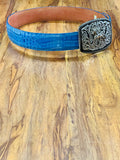 Men's Blue Exotic Caiman Belt with Standing Horse Belt Buckle