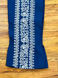 PANTALONES DE CHARRO CON GRECA. AUTHENTIC CHARRO PANTS THAT ARE DODGER BLUE COLOR WITH BONE SUEDE LEATHER STITCHED STENCEIL ART WORK