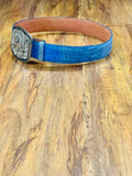 Men's Blue Exotic Caiman Belt with Standing Horse Belt Buckle