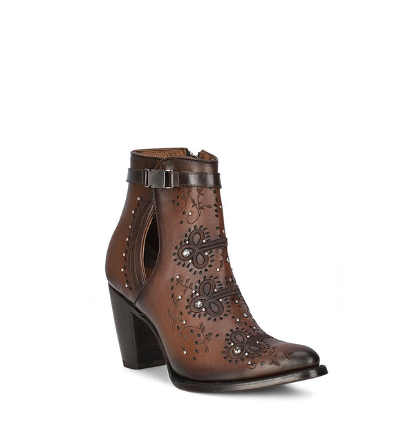 CUADRA GENUINE BOVINE LEATHER BROWN PERFORATED AND EMBRIOIDERY BOOTIE WITH CRYSTALS CU637