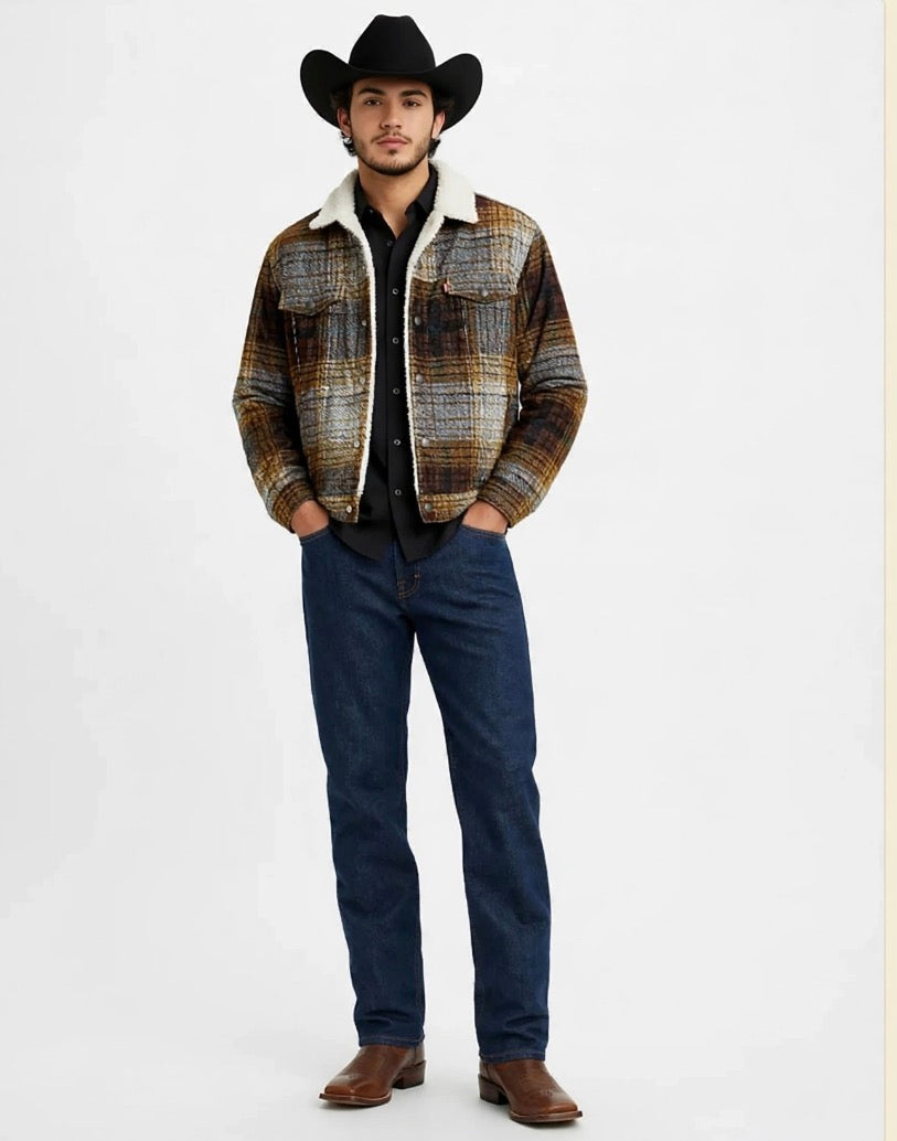 MUSTARD YELLOW PLAID-BROWN VINTAGE FIT SHERPA TRUCKER JACKET