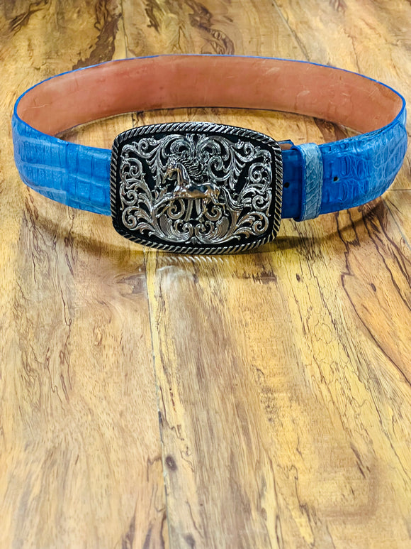 Men's Blue Exotic Caiman Belt with Standing Horse Belt Buckle