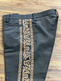 PANTALONES DE CHARRO CON GRECA. AUTHENTIC CHARRO PANTS THAT ARE BROWN COLOR WITH TAN SUEDE LEATHER STITCHED STENCEIL ART WORK