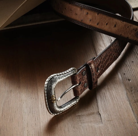 Stetson Ostrich Print Croco Embossed Western Tabs Belt