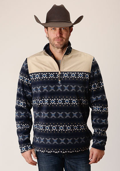MENS NAVY AZTEC PRINT MICRO FLEECE PULLOVER 03-097-0692-6161 BU
