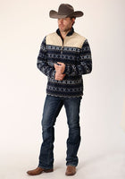 MENS NAVY AZTEC PRINT MICRO FLEECE PULLOVER 03-097-0692-6161 BU