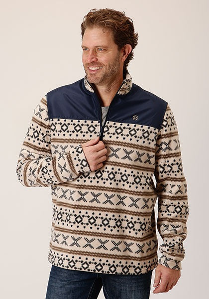 MENS CREAM AZTEC PRINT MICRO FLEECE PULLOVER 03-097-0692-6163 WH