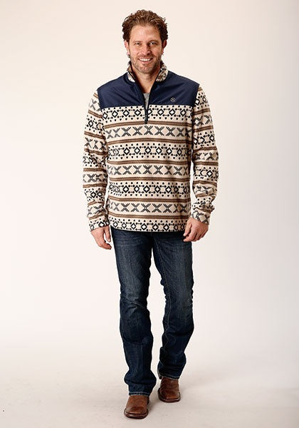 MENS CREAM AZTEC PRINT MICRO FLEECE PULLOVER 03-097-0692-6163 WH