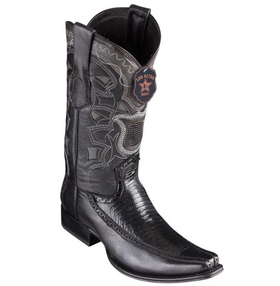 Los Altos Genuine Teju Lizard Narrow Square Toe Boot with Inlay Trim in Black