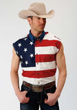 MENS RED WHITE AND BLUE STARS AND STRIPES PIECED AMERICAN FLAG SLEEVELESS WESTERN SNAP SHIRT 03-013-0185-0101