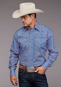 Stetson 11-001-0425-5020 Mens Chambray Medallion Paisley Western Shirt Blue