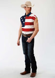 MENS RED WHITE AND BLUE STARS AND STRIPES PIECED AMERICAN FLAG SLEEVELESS WESTERN SNAP SHIRT 03-013-0185-0101