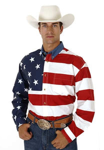 MENS RED WHITE AND BLUE STARS AND STRIPES PIECED AMERICAN FLAG LONG SLEEVE 03-001-0185-0101 WESTERN SNAP SHIRT