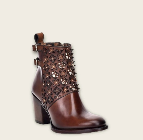 CUADRA PERFORATED BROWN LEATHER BOOTIE WITH AUSTRIAN CRYSTALS