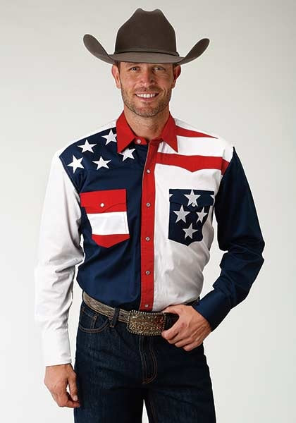 Roper Western Shirt Mens L/S USA Flag Snap Blue 03-001-0185-0304 BU