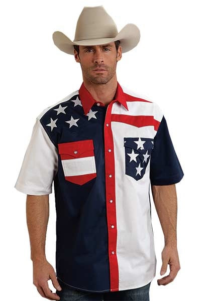 Roper Western Shirt Mens S/S USA Embroidery Blue 03-002-0185-0304 BU