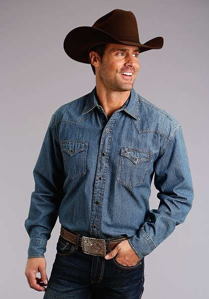 Stetson® Mens Denim Black Hexagon Snap LS Western Shirt 11-001-0465-0021 BU