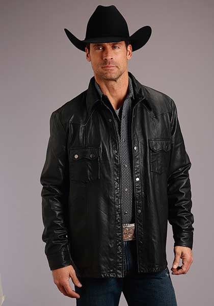 Stetson Mens Black Leather Western Shirt Jacket 11-097-0539-6622 BL
