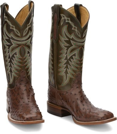 Justin Men's Pascoe Kango Brown Full Quill Ostrich Wide Square Toe Exotic Cowboy Boots