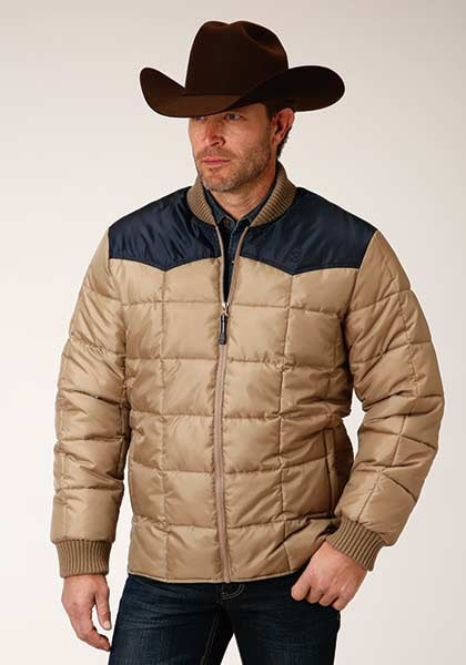 Mens Khaki/Blue Polyester Quilted Insulated Jacket 03-097-0761-0529 BR