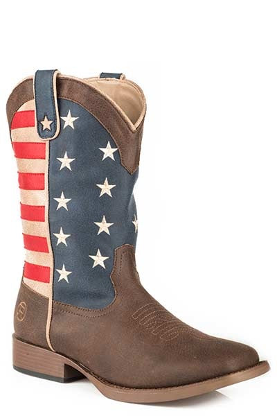 Roper Men's American Patriot Brown with American Flag Square Toe Cowboy Boots