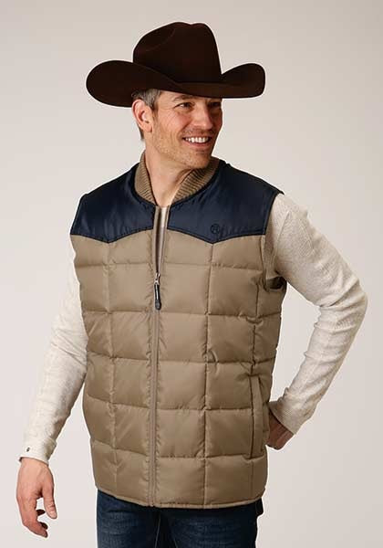 Mens Khaki/Blue Polyester Quilted Insulated Vest