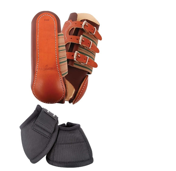 Classic Equine Brown Leather Splint Horse Boots & Classic Equine Black Dyn-No Turn Overreach - Botas Combo-Set