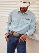 MEN'S WRANGLER® LOGO LONG SLEEVE WESTERN SNAP PRINT SHIRT IN TURQUOISE WHITE