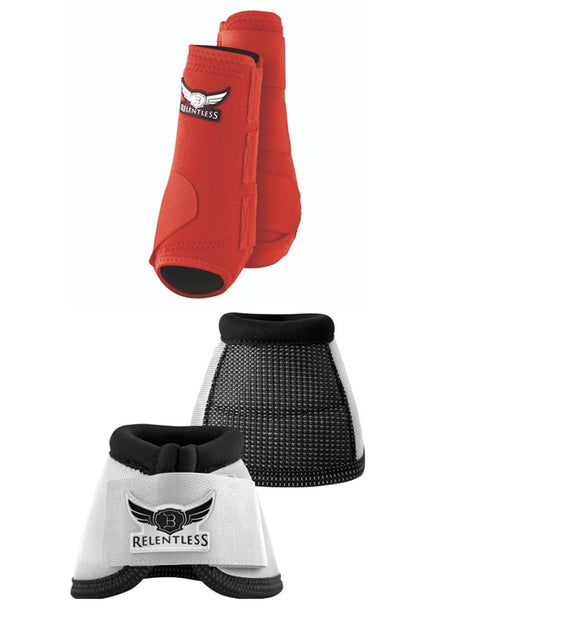 RELENTLESS All-Around Sport Boots Front - Medium Red & Strikeforce Bell Boots - Medium White