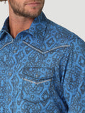 MEN'S ROCK 47® BY WRANGLER® LONG SLEEVE EMBROIDERED YOKE WESTERN SNAP PRINT SHIRT IN BLUE PRINT