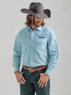 MEN'S WRANGLER® LOGO LONG SLEEVE WESTERN SNAP PRINT SHIRT IN TURQUOISE WHITE
