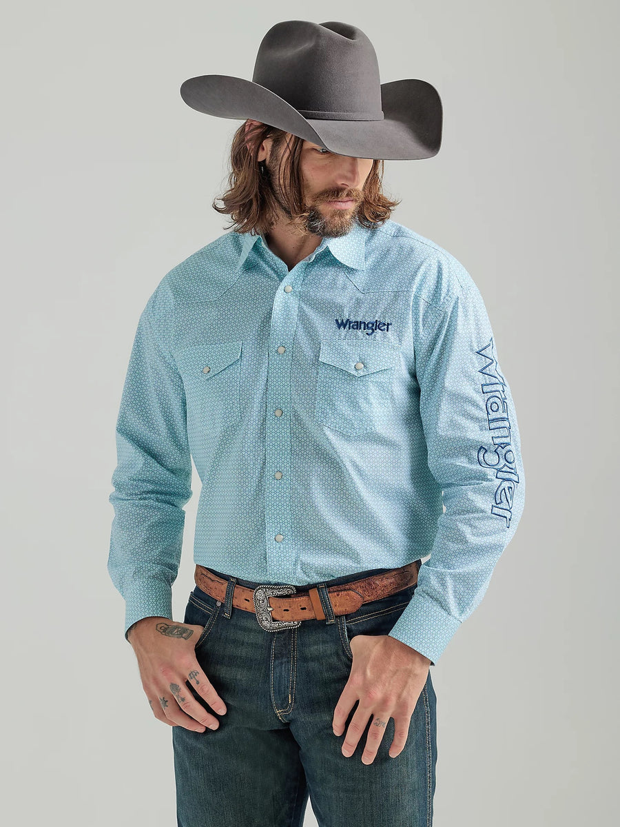 MEN'S WRANGLER® LOGO LONG SLEEVE WESTERN SNAP PRINT SHIRT IN TURQUOISE WHITE