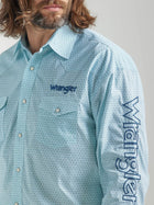 MEN'S WRANGLER® LOGO LONG SLEEVE WESTERN SNAP PRINT SHIRT IN TURQUOISE WHITE
