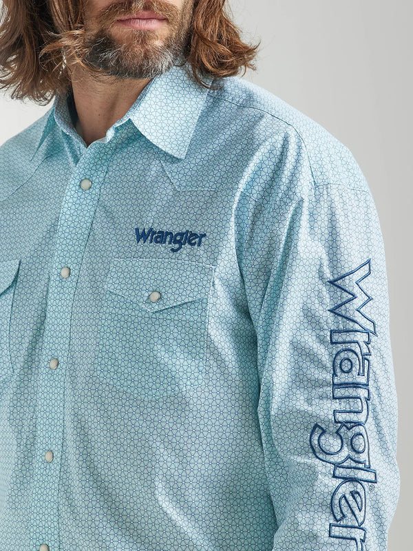 MEN'S WRANGLER® LOGO LONG SLEEVE WESTERN SNAP PRINT SHIRT IN TURQUOISE WHITE