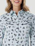 WOMEN'S WRANGLER RETRO COWGIRL CACTUS WESTERN SNAP SHIRT IN BLUE PRINT FREE SHIPPING